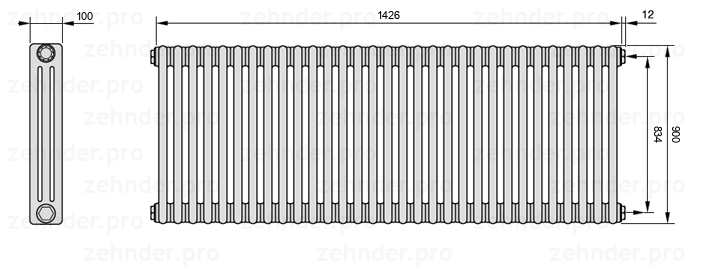 Схема (чертеж) Радиатор Zehnder Charleston 3090/31 №7610 Белый глянцевый RAL 9016
